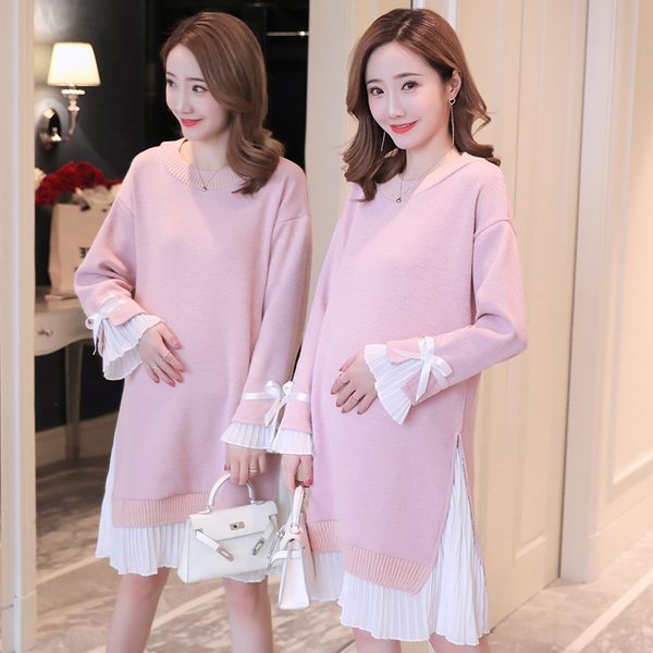 

pregnant women dress autumn fake two pieces long-sleeved knitwear maternity dresses fashion winter elegant pregnant clothing, White