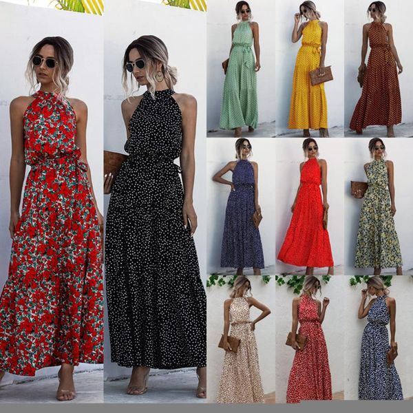 

maxi dresses for women 2020 summer dot & floral print boho halter long dress evening party beach dress sundress vestidos, Black;gray