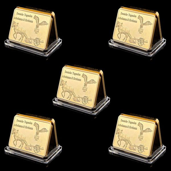 

5pcs deutsches tugenden arbeitssam & strebsam 1oz gold plated 999/1000 reichs metal souvenir gold bars