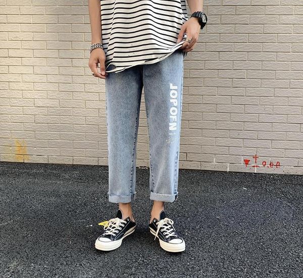 

street style pants тинейджеров письмо печать прямые джинсы летние дизайнерская mens wide leg свет омывается шаровары петухов, Blue
