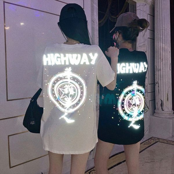 

french style colored letter printing chinese beauty reflective short-sleeved t-shirt women's middle school french style colored letter, White