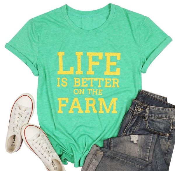 

women's t-shirt life is better on the farm letter short sleeve print tees fashion casual o neck shirt summer, White
