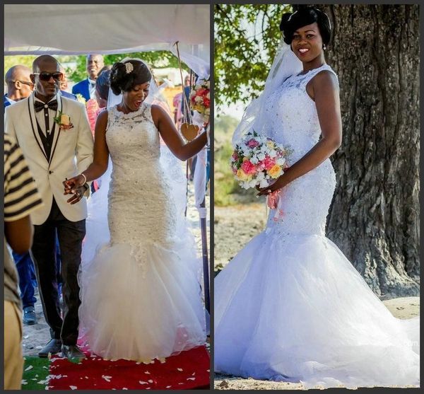 

elegant african mermaid lace long wedding dresses plus size beaded ivory sweep train lace up back bridal gowns custom made for women, White