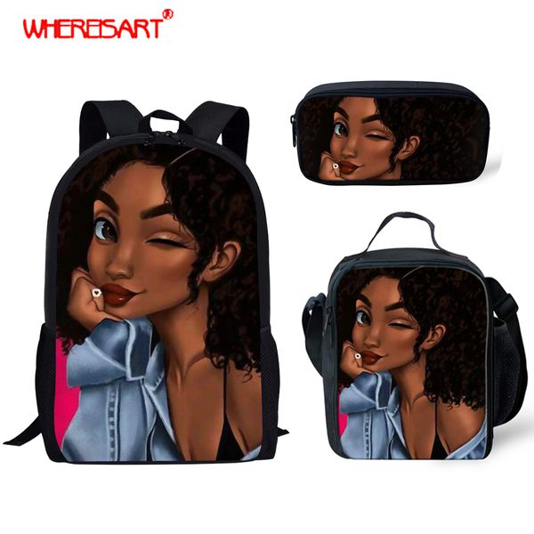

whereisart 3 pcs/set girl school backpacks orthopedic school bags black queen girl printed schoolbag teenagers bookbag rucksack