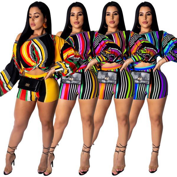 

Women Striped Tracksuits Puff Sleeves Designer 2pcs Clothing Sets Evening Club Summer Suits