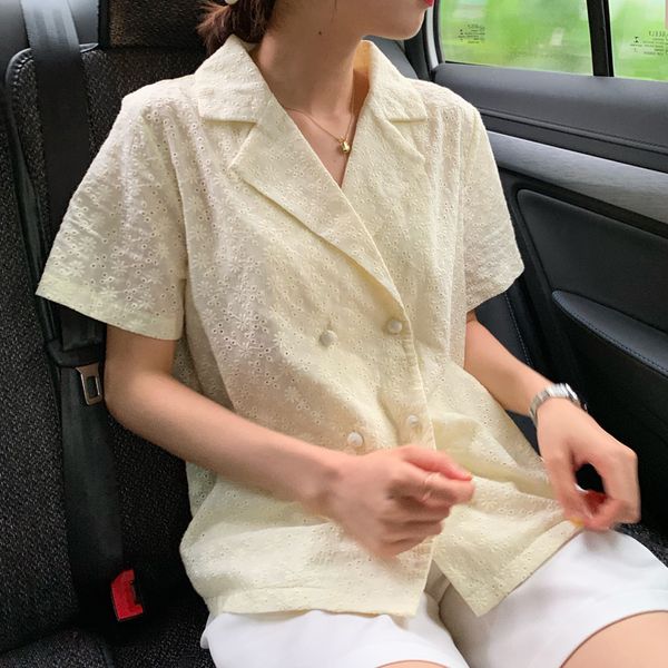 

casual vintage openwork flower short sleeve shirt, White