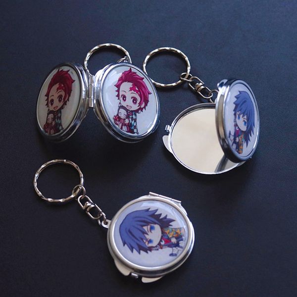 

demon slayer keychain cartoon round makeup mirror stainless steel key ring kimetsu no yaiba anime pendant keyring for girls, Silver