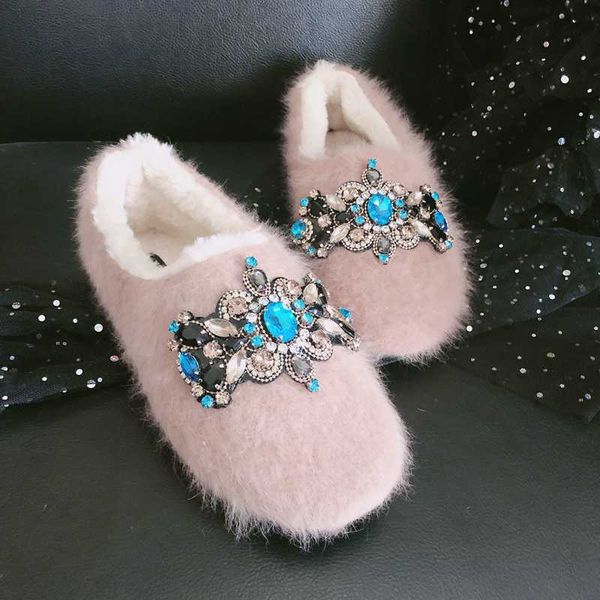 

new wool flat shoes woman round toe sapphire crystal shoes slip on casual mules women fashion mink, Black