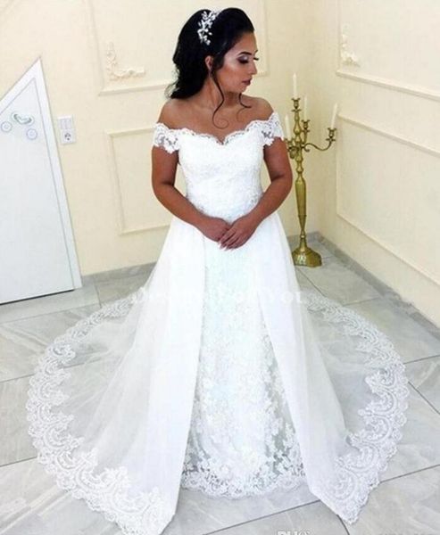 

2019 white lace mermaid wedding dresses with over skirt off shoulder sweep train appliques chapel country garden arabic bridal gowns
