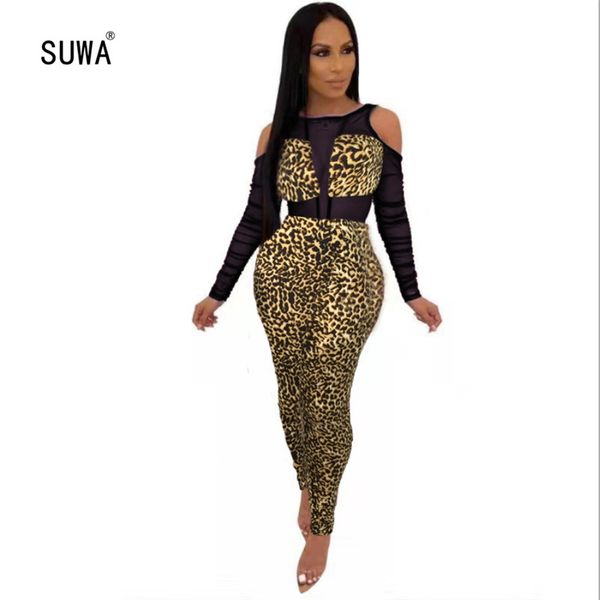

2020 leopard gauze slim-fit pencil rompers spring evening party women o neck hollow-out jumpsuit 3 color catsuit, Black;white