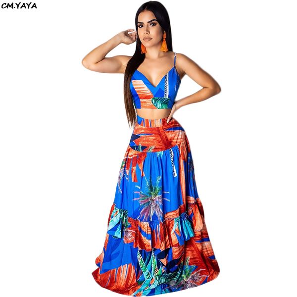 

2019 women summer beach bohemian 3d print plunging v-neck big swing maxi skirt suit two piece set party long dress glarm8093, White