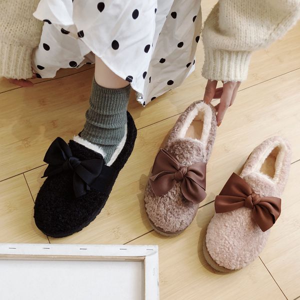 

bow-knot women shoes autumn all-match women's moccasins female footwear casual sneaker loafers fur round toe butterfly fall, Black
