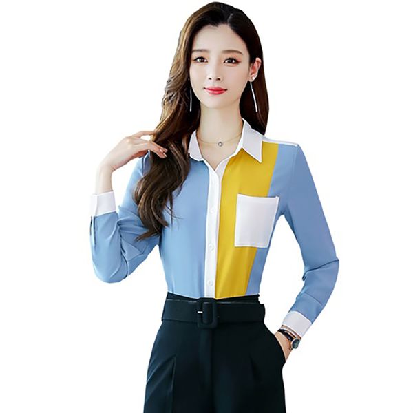 

2020 women autumn clothing new korean fashion wild lady simple temperament contrast stitching long sleeve thin shirt shirt x57, White
