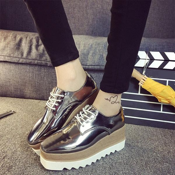 

Women lace up patent leather flat platform autumn loafer ladie olid tyle oxford female thick bottom fa hion, Black
