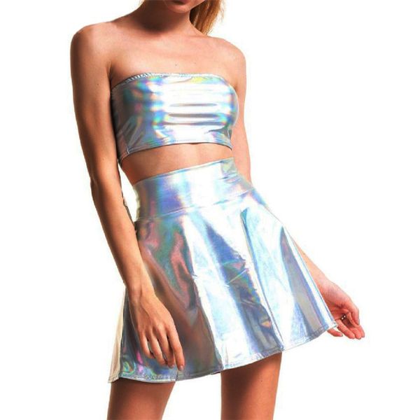 

women holographic strapless mini skirts two piece set turtleneck skirt 2 pcs set summer streetwear suit-dress, White