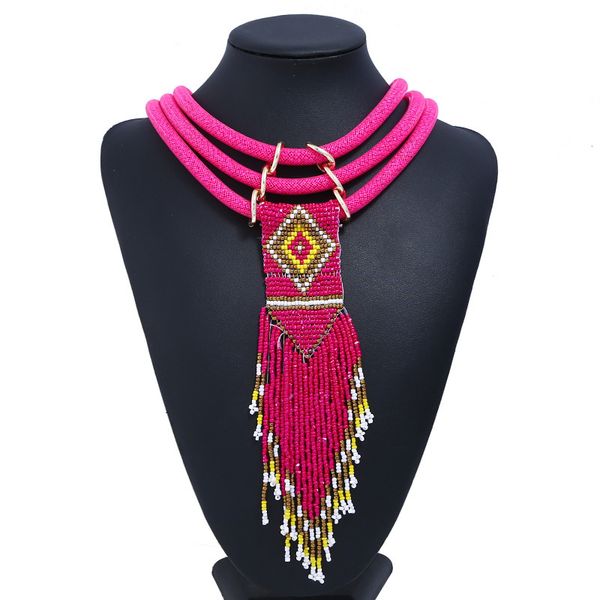 

women boho woven beads necklaces jewelry handmade multilayer bohemia long tassel pendant necklace wholesale, Silver