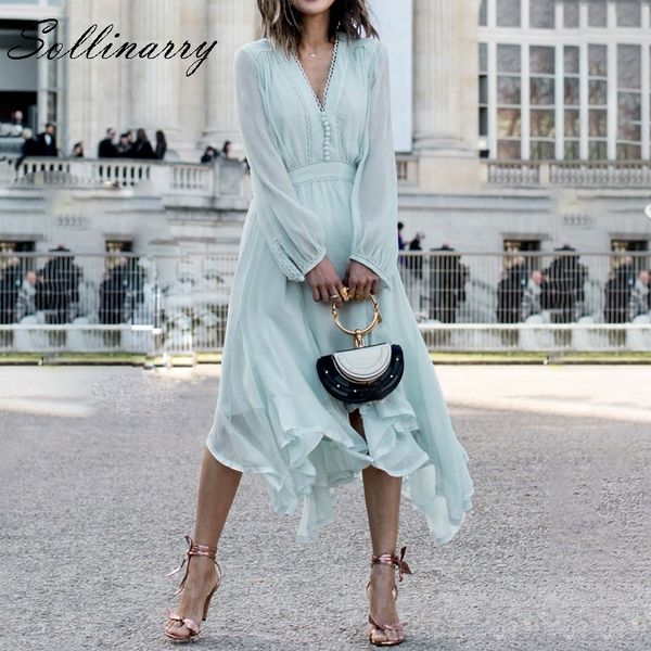 

sollinarry spring summer new asymmetric women dress elegant evening vintage ladies dress office casual v-neck vestidos plus size, Black;gray