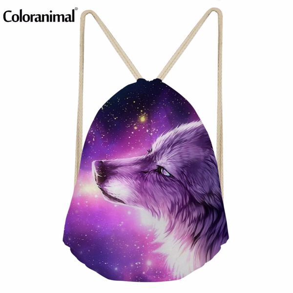 

coloranimal drawstring bag for youth girl boy 3d cool animal purple wolf print women men children mini backpack string beach bag
