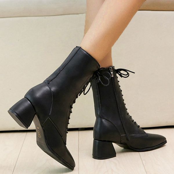 

fall 2019 trend women's leather boots lace up fashion hoof heels winter med zipper middle shaft boots mid calf for women, Black