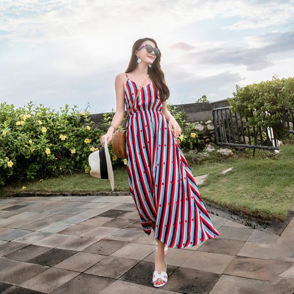 

2019 reveal back camisole bar ripple wave point sleeveless chiffon dress posimi second longuette seaside sandy beach skirt, White;black