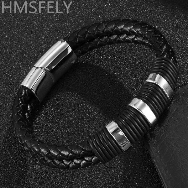 

hmsfely men's simple style genuine leather bracelet 316l stainless steel beads cuff bracelets bangles for men magnetic bracelet, White