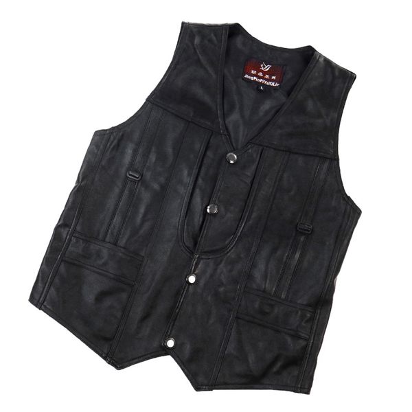 

motorcycle vest leather men black waistcoat jacket male biker punk genuine leather button spring autumn sleeveless vests, Black;white