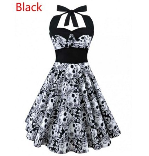 

2019 smmer new audrey hepburn wind dress retro hanging neck skirt high waist skull big swing dress street tide skirt, Black;gray