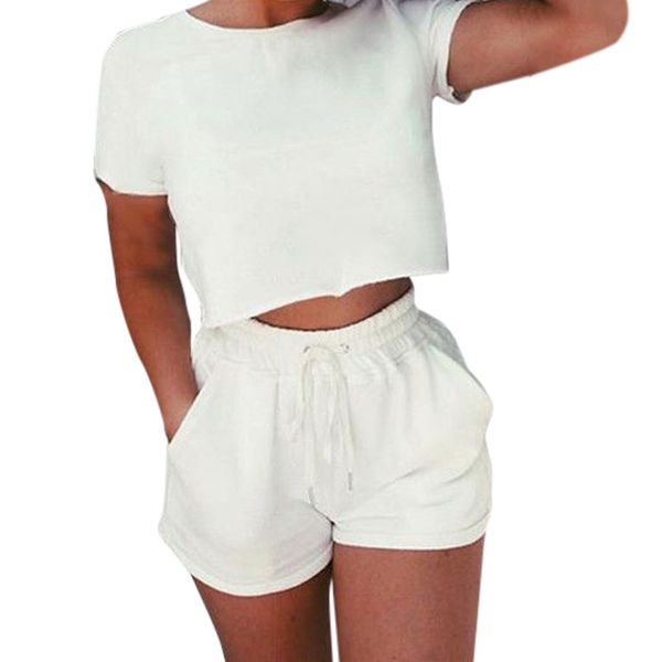

2 pcs activewear set navel short sleeve crop shirt elastic waist shorts, White
