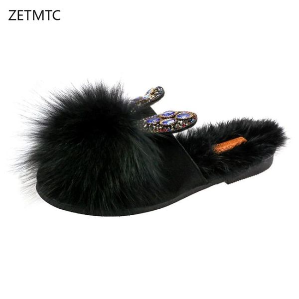 

womens slippers outdoor short plush cute flock -ear white black fluffy slippers crysta 2019 new winter slide shoes women