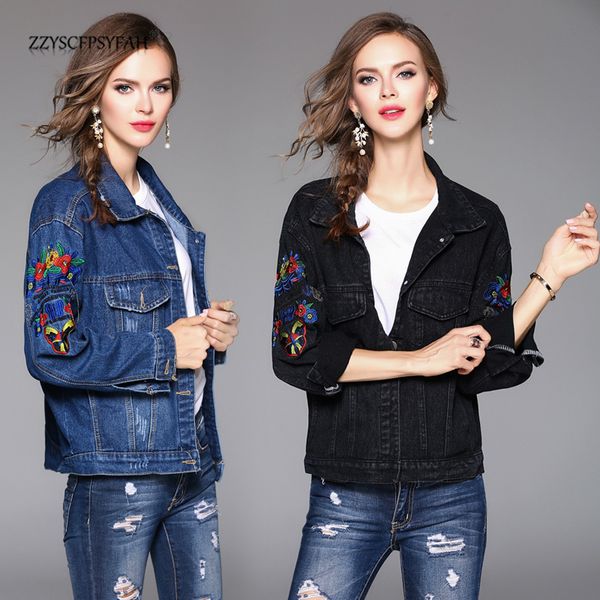 

zp7085 actual spot autumn clothing new personality do old cowboy coat loose fashion embroidered jeans, Black;brown