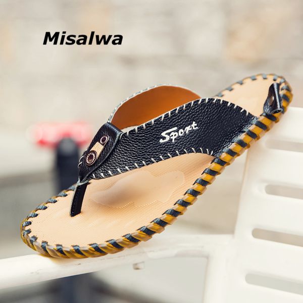 

misalwa white orange men summer slippers genuine cow leather beach slippers flip flops soft handmade glue-casual shoes, Black