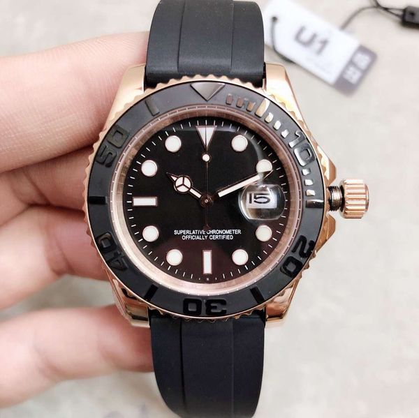 

choice outdoor 44mm automatic mechanical black dial mens watches sport style men watch wristwatches with everose gold rotatable bezel, Slivery;brown