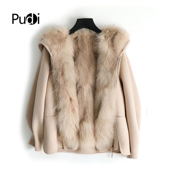 

women's wool & blends pudi zyn369-1 women real fabric classic coat lady fur lining with hood leisure fall/winter long outwear, Black