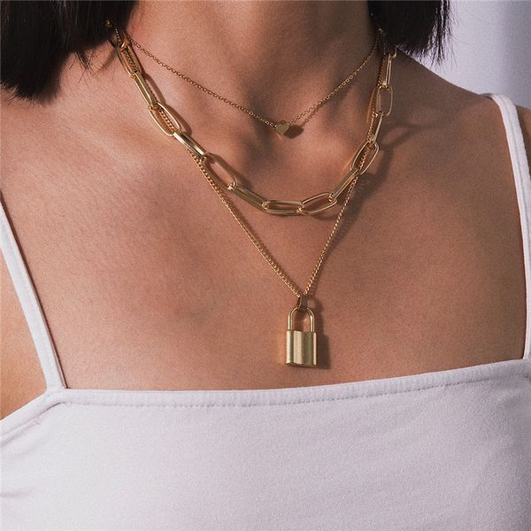

ae-canfly vintage multi layer love heart choker necklace collar statement alloy lock pendant long chain necklace women jewelry, Silver