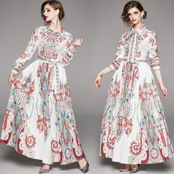 

2020 новая мода длинные рукава дворец печать тонкий платье женское платье макси платья для женщин элегантное платье, White;black