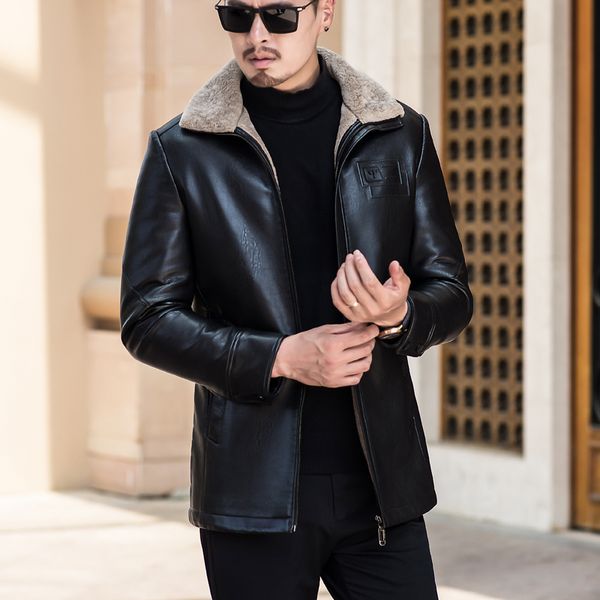 

2019 winter new men's casual warm leather jacket business fashion thickening plus velvet coat male brand clothes, Black