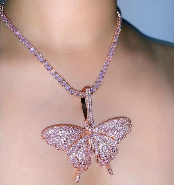 

iced out sparking bling hip hop women men jewelry 5mm cz tennis chain gold silver pink cz butterfly necklace
