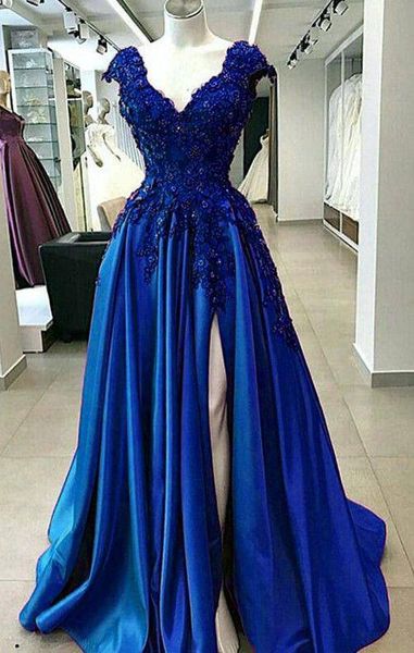 Sexy königsblaues Chiffon-langes Party-Abschlussballkleid in Übergröße, vorne geschlitzt, günstig, kostenloser Versand 2019, neues elegantes formelles Kleid in A-Linie