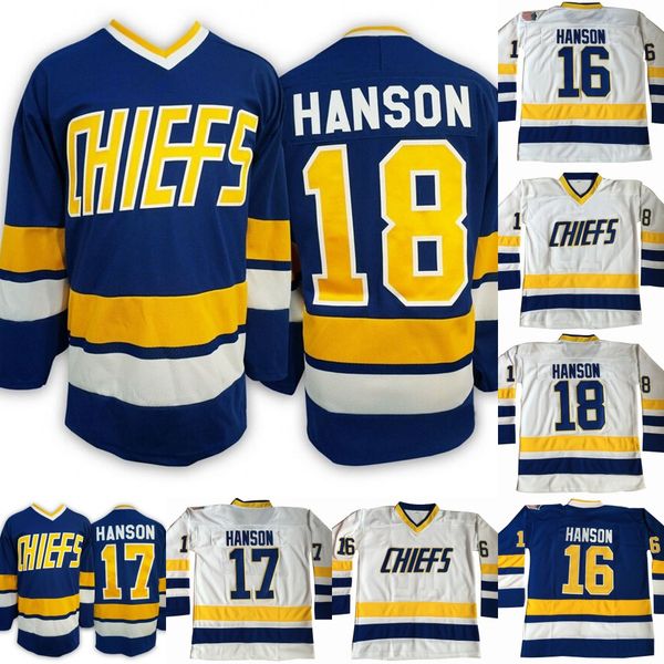 

Men Hanson Movie Jersey 16 Jack 17 Steve 18 Jeff Ice Brothers Charlestown Jersey Hanson Brother Slap Shot Hockey Jerseys Blue White S-3XL