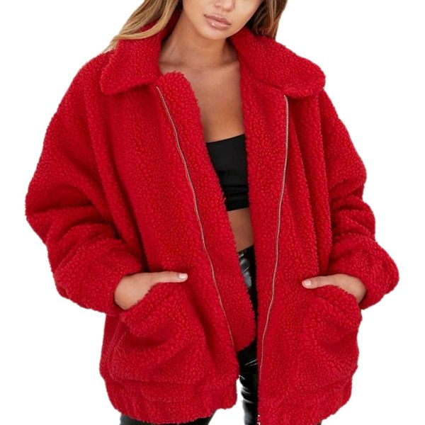 

fashion lapel sweatshirt fleece fur coat women autumn winter warm soft jacket thick plush zipper overcoat short outerwear, Black