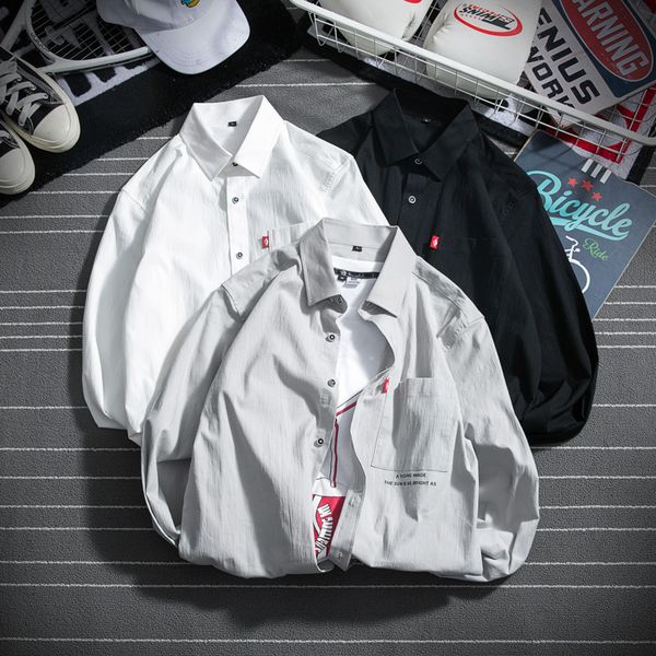 

harajuku male shirt pocket pattern mens shirts autumn casual black white gray men long sleeve shirt, White;black