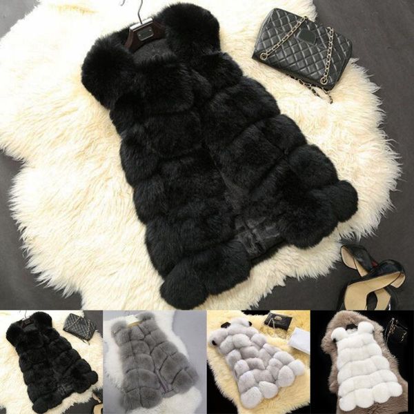 

womans gilet women warm gilets outwear long slim vest faux fox fur waistcoat jacket coat, Black
