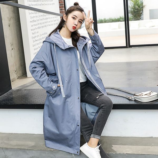 

2019 new arrival women's fall winter hooded trench coat fashion trend casual long sleeve letter windbreaker loose female trench, Tan;black