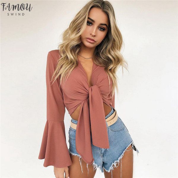 

womens solid ladies summer deep v neck long sleeves crop blouse casual beach party shirt, White