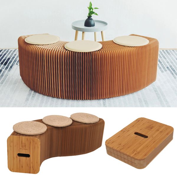 

modern design folding paper stool long bench sofa chair kraft paper relaxing stool bench relaxing office chair with 3 leather pads