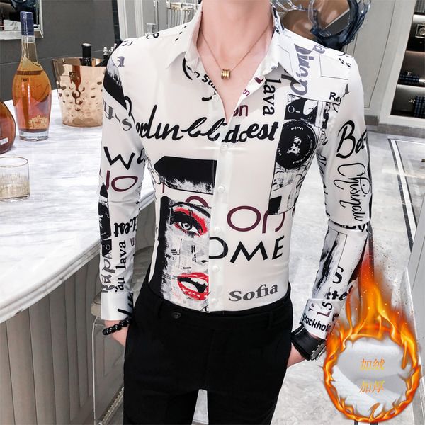 

2019 winter flannel men shirt long sleeve casual slim fit shirts men dress clothing designer print shirt streetwear social, White;black