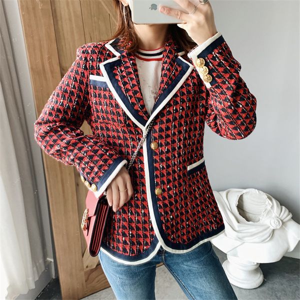 

Designer Brand Womens Jacket Retro British Style Red Plaid Clothes Slim Temperament Ladies Fashion Suit Jacket