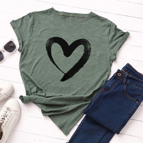 

plus size s 5xl new heart print t shirt women 100% cotton o neck crew neck casual tshirt women shirts, White