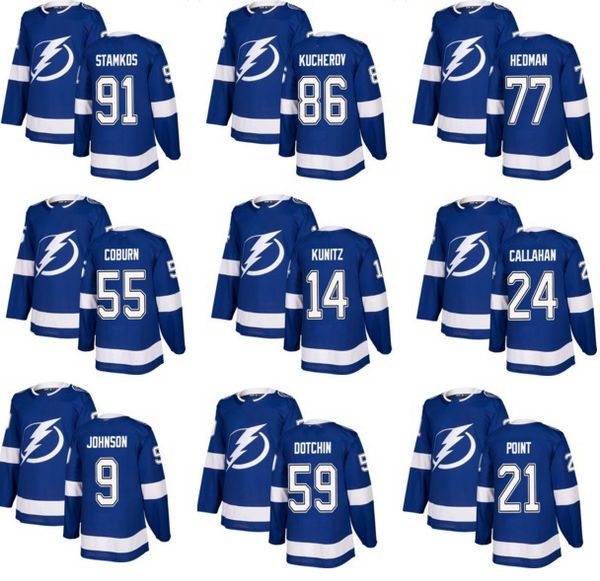 

Men's Tampa Bay Lightning 91 Stamkos Blue Home White Road Stitched Hockey Jersey,21 POINT 9 JOHNSON 27 McDonagh 86 KUCHEROV Blue Home Hockey