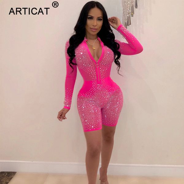

articat diamonds patchwork sheer mesh jumpsuit women zipper v neck long sleeve shorts romper see through party playsuit, Black;white